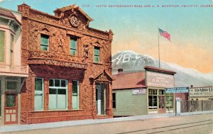 CAMP SKAGWAY AK~ARCTIC BROTHERHOOD HALL & A B MOUNTAIN-STEAMSHIP SIGN~POSTCARD