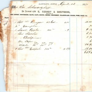 1870 Lansing, Iowa G Kerndt & Brothers Letterhead Dry Goods Invoice Inventory R1