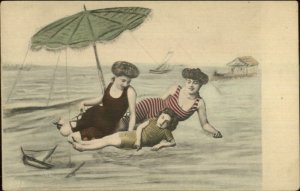 Bathing Beauty Women at Beach Child Model Sailboat - Umbrella c1905 Postcard