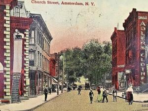 Postcard 1913 Hand Tinted View of Church Street in Amsterdam, NY.     W8