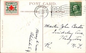 Vintage Postcard Best Wishes Christmas Bell Holly American Red Cross Seal KJ10