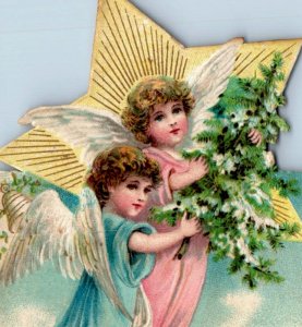 1880s-90s Embossed Die-Cut Christmas Card Star Two Beautiful Angels #7B