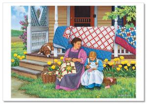 Mom and Little Girl sew on the porch Cottage DOG Sewing Windows Russian Postcard