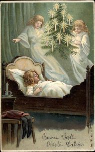 Christmas Angels Bring Christmas Tree to Sleeping Child c1910 Postcard