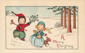 Embossed Christmas Postcard Children With Dog Play in Snow Fairman Company