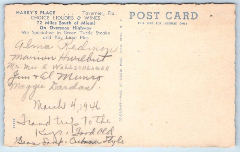 TAVERNIER, Florida FL ~ Roadside HARRY'S PLACE Restaurant c1940s Postcard