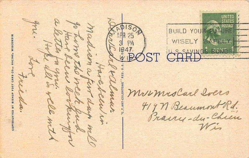 MADISON WISCONSIN~CITY & STATE CAPITOL FROM LAKE MONONA~1947 POSTCARD 