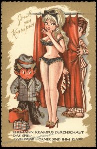 Austria 1960s Classic Krampus Devil Bikini Cheating Christmas Card UNUSED 95234