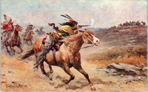 Artist-Signed FRANK TELLER  ENCIRCLED Native American INDIAN RAID   c1910s