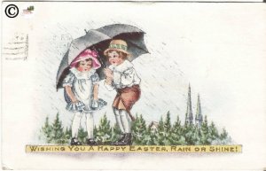 Vintage Postcard Children under Umbrella Little Girl /Little Boy Happy Easter