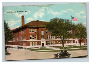 Vintage 1925 Postcard Antique Car in Front of High School Rochester Minnesota