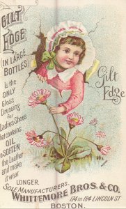 Victorian Trade Card - Gilt Edge Ladies Shoe Dressing - Girl with Flowers