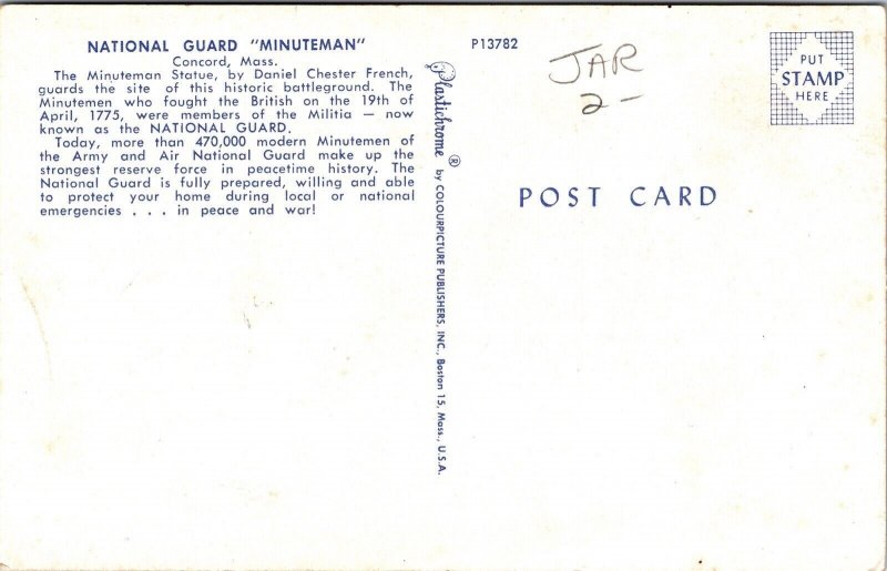 National Guard Minuteman Concord Massachusetts MA Postcard UNP VTG Plastichrome 