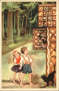 Hansel & Gretel Fairy Tale Gingerbread House Old Woman c1940s Signed Postcard