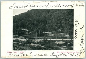 MT.HOLLY SPRINGS HOLLY GAP PARK 1907 UNDIVIDED ANTIQUE POSTCARD w/ CORK STAMP