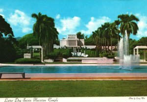 Postcard Latter Day Saints Hawaiian Royal Palm Lined Temple Laia Oahu Hawaii