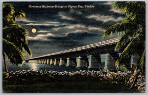 Pigeon Key Florida 1941 Postcard Overseas highway Bridge At Night Moon