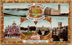 Kingston Ontario Best Wishes from Canada Patriotic RMC & Queen's Postcard E93