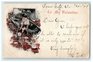 1908 Girl Rowboat Lilypad Hearts Valentine Iowa City IA Postcard