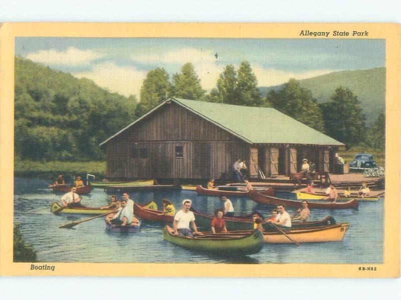 Linen MANY CANOE BOATS BY BOATHOUSE Salamanca & Limestone & Red House NY c8758