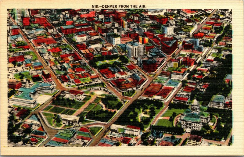 Vtg Denver From The Air Aerial View Buildings Colorado CO Linen Postcard