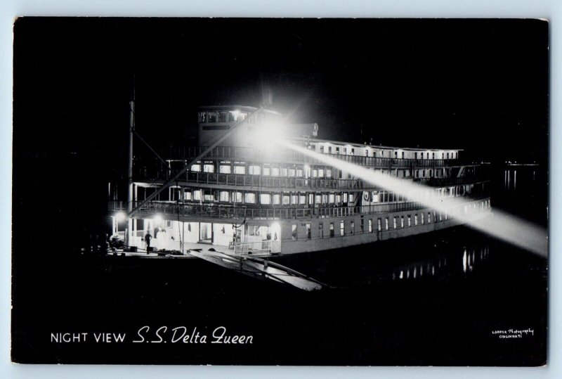 SS Delta Queen Postcard RPPC Photo Steamer Ship Night View c1940's Vintage