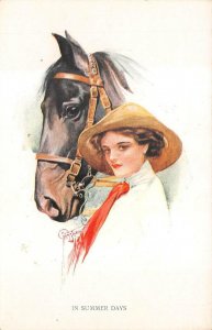 IN SUMMER DAYS WOMAN HORSE GLAMOUR ARTIST SIGNED COURT BARBER POSTCARD (c. 1910)