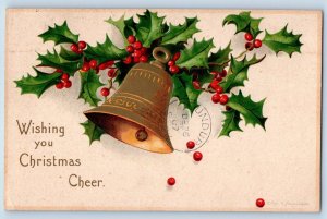 Ellen Clapsaddle Signed Postcard Christmas Holly Berries Bell Embossed 1907