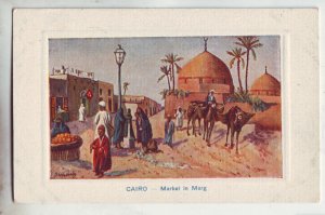 P1196 old postcard unused art cairo egypt-market in marg, cames people etc view