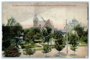1909 Cor. Maple 3rd Sts. Congregational Church Court House Manistee MI Postcard