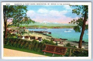 1920's WARSHIPS IN PUGET SOUND MT RAINIER SEATTLE WASHINGTON ANTIQUE POSTCARD