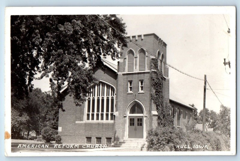 Hull Iowa IA Postcard RPPC Photo American Reform Church RPO 1949 Posted Vintage