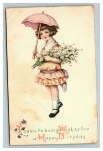 Vintage 1916 Winsch Birthday Postcard Cute Girl Pink Parasol White Flowers