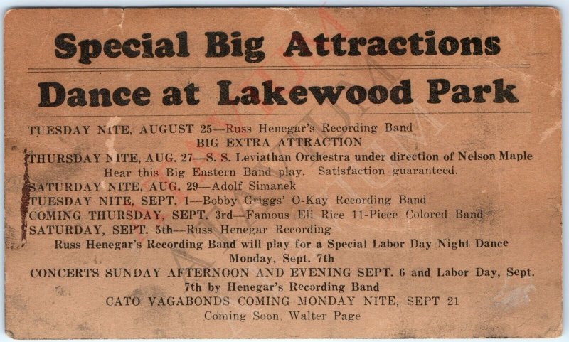 1931 Lakewood Park, IA Performers Event Advertising SS Leviathan Orchestra A162