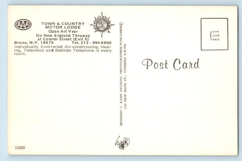 Bronx New York NY Postcard Town Country Motor Lodge New England Thruway c1960