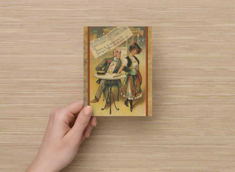 Funny Romantic Postcard Set of 12, Old Fashioned Woman Flirting with Man at Bar