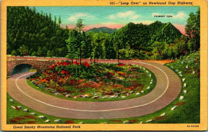 Loop Over on Newfound Gap Hwy Great Smokey Mountains Vtg Linen Postcard S22