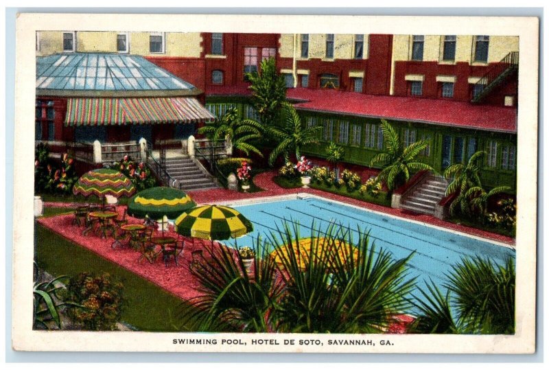 c1940's Swimming Pool Hotel De Soto Savannah Georgia GA Vintage Postcard