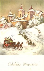 Horse carriage arriving snowy town Vintage Dutch Christmas postcard 1950s