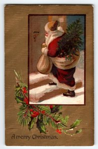 Santa Claus Christmas Postcard Saint Nick At Front Door Striped Finish Germany