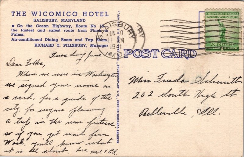 Wicomico Hotel Salisbury MD Postcard PC479