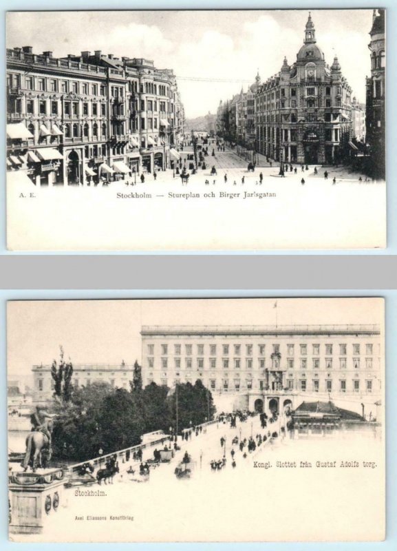 2 Postcards STOCKHOLM, SWEDEN Street Scene Stureplan BIRGER JARLSGATAN & Slottet