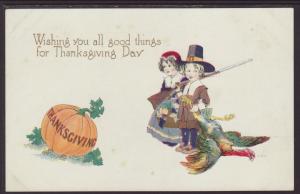 Thanksgiving Day,Pilgrim Boy,Girl,Turkey Postcard