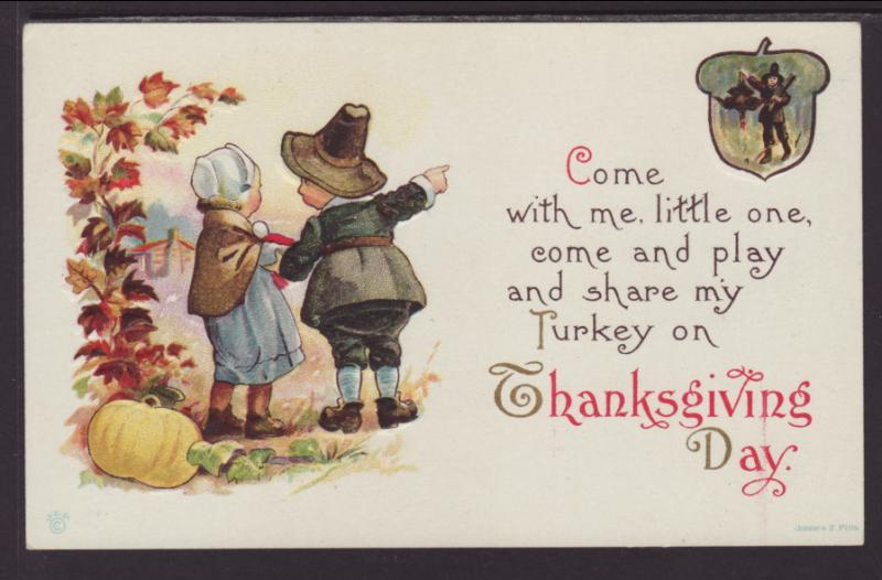 Thanksgiving,Boy and Girl Pilgrim Postcard