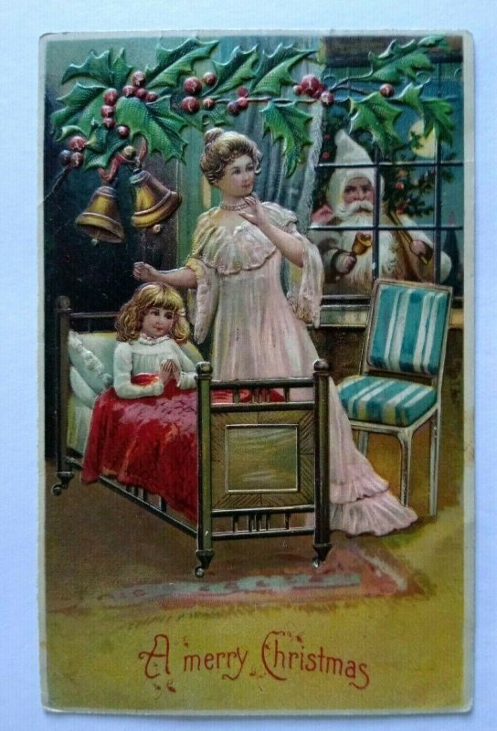 Santa Christmas Postcard White Robe Original 1907 Embossed Antique Series BW 296