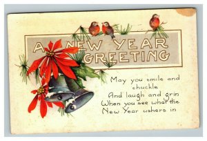 Vintage 1928 New Years Greeting Postcard Red Birds Silver Bells Poinsettias