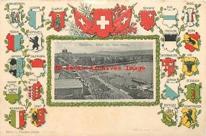 Switzerland, Geneve, Quai des Eaux Vives, Flag, Cantons Coat of Arms, UDB,Ascher