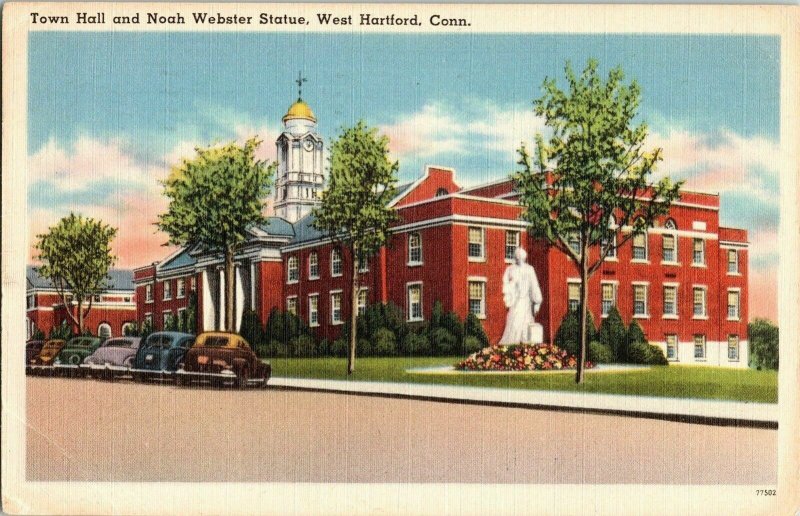 Town Hall Noah Webster Statue West Hartford Connecticut Old Car Postcard Linen 