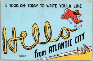 Beach Side with Plane Flying By - Hello from Atlantic City - Vintage Postcard