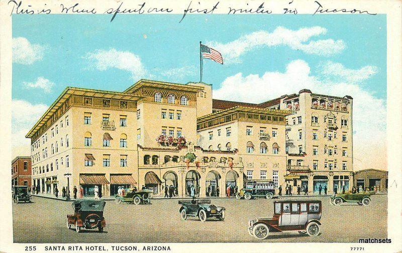 1932 Santa Rita Hotel automobiles TUCSON ARIZONA Herz Teich postcard 4588 Flag